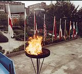 Olympic Flame (British Gas) & flags outside the Robot Olympics venue.