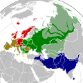 Present-day native distribution of Indo-European languages, within their homeland of Eurasia.