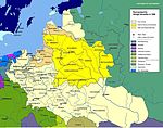 波兰立陶宛联邦于1569年建国后的地图，可看见立陶宛－波兰边界。乌克兰部分领土转为波兰王国王冠领地。