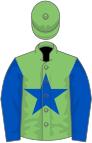 Light green, royal blue star and sleeves, light green cap