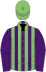 Purple and light green stripes, purple sleeves, light green cap
