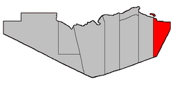 Location within Restigouche County. Heron Island erroneously shown as belonging to this parish.