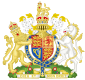 皇家徽章，中为盾徽和王冠，侧为狮子和独角兽
