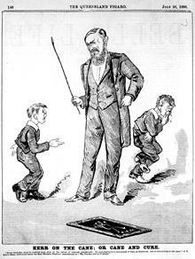 Cartoon of schoolboys receiving the cane from 1888