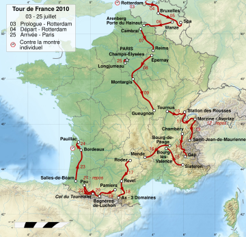 A physical map of France, with the route of the Tour drawn over it in red lines.