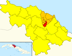 Map of Abel Santamaría (red) in Encrucijada (orange) in Villa Clara (yellow)