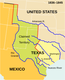 The land comprising Mexican Texas, between the Red, Sabine, and Nueces Rivers, is shaded yellow. The land between this boundary and the Rio Grande on the south and the Arkansas River on the north is shaded green and marked as "claimed territory".