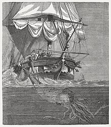 #18 (30/11/1861) A wood engraving of the Alecton encounter published in 1868, the squid clearly based on the one from the more famous image that had earlier appeared in Figuier (1866)