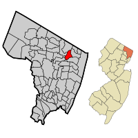 Location of Harrington Park in Bergen County highlighted in red (left). Inset map: Location of Bergen County in New Jersey highlighted in orange (right).