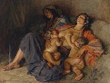 Painting of a mother breast feeding two babies