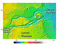 Area around Northern Kasei Valles, showing relationships among Kasei Valles, Bahram Vallis, Vedra Vallis, Maumee Vallis, and Maja Valles. Location is Lunae Palus quadrangle