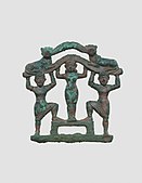 Plaque with a nude female between two bearded males wearing kilts; circa 2000–1600 BC; bronze; 9.7 x 9.7 cm; Metropolitan Museum of Art