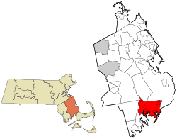韦勒姆在普利茅斯县及马萨诸塞州的位置（以红色标示）