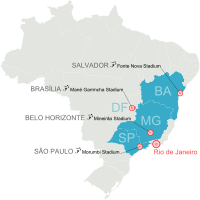 Map of Brazil showing the football venues of the Rio de Janeiro bid for the 2016 Summer Olympics.