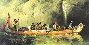 Canoe Manned by Voyageurs Passing a Waterfall (Canada)