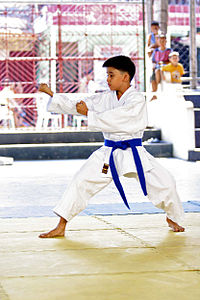Young karateka performs Kūsankū-shō