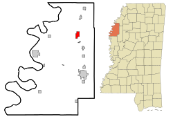 谢尔比在玻利瓦县及密西西比州的位置（以红色标示）