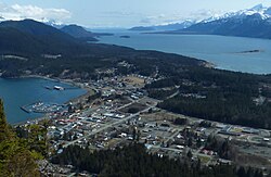 Haines, viewed from the northeast from Mount Ripinsky with Chilkoot Inlet on the left, Chilkat Inlet on the right, and the Chilkat Peninsula extending into the distance