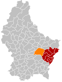 永林斯特在卢森堡地图上的位置，永林斯特为橙色，格雷文马赫县为深红色