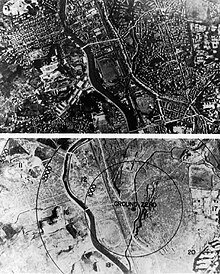 The before image looks like a city. In the after image, everything has been obliterated and it is recognisable as the same area only by the rivers running through it, which form an island in the centre of the photographs.