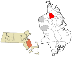 汉诺威在普利茅斯县及马萨诸塞州的位置（以红色标示）