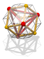 A rhombic triacontahedron with an inscribed tetrahedron (red) and cube (yellow). (Click here for rotating model)