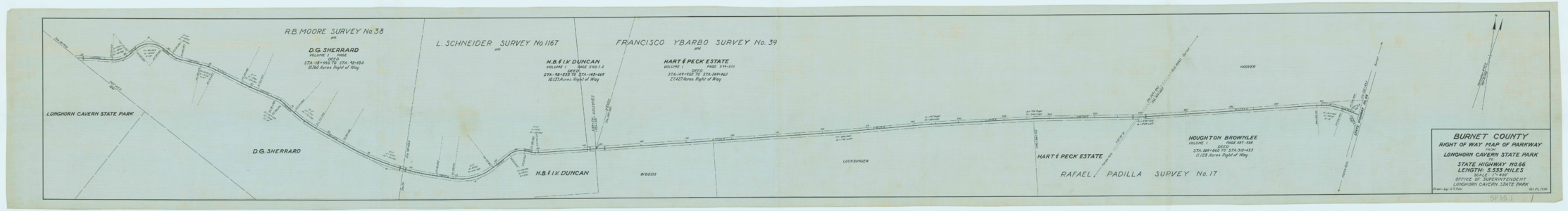 Original – A Civilian Conservation Corps planning map for the routing of a parkway. The route, built in 1934, connected Longhorn Cavern State Park to Texas State Highway 66, and would later be designated as a part of Park Road 4.