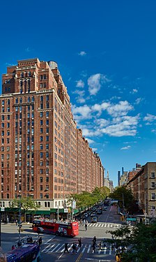View on London Terrace Towers (465 W 23rd Street) from the High Line in New York City. At construction in 1929 it was the largest apartment building in the world.