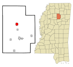 布魯斯在卡爾霍恩縣及密西西比州的位置（以紅色標示）