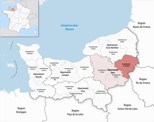 莱桑德利区在诺曼底大区与厄尔省的位置