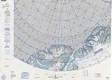 A polar navigational chart of far north Greenland and Canada north of 80 degrees latitude, with grid lines and color-coding of green and white based on elevation and ice cover.
