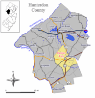 Location of Raritan Township in Hunterdon County highlighted in yellow (right). Inset map: Location of Hunterdon County in New Jersey highlighted in black (left).