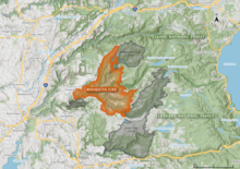 The footprint of the Mosquito Fire is shown in burnt orange, with a narrow end near Foresthill widening to the east as it spread into Tahoe and Eldorado National Forests. It butts up against the 2016 Trailhead Fire scar on its west side, the 2014 King Fire scar to its southeast side, and the 2013 American Fire scar on the northeast corner.