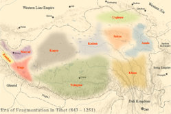 1000 年代初古格（左下红色）及邻近政体的位置[1]