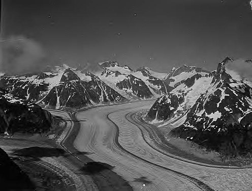 Gilkey Glacier, Mt. Blachnitzky to right, Mt. Queena centered. Circa 1955