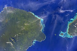 Satellite image of eastern half of Savai'i island (left of photo) with tiny Apolima & Manono islands and the western tip of Upolu. (NASA photo, 2006)