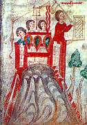 12th-century depiction of a traction trebuchet (also called a perrier) next to a staff slinger