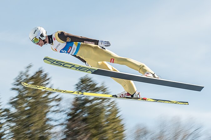 圖為盧卡什·達內克使用菲舍爾滑雪板於2019年2月25日在塞菲爾得跳台滑雪時的一躍，當時是FIS世界滑雪錦標賽及北歐聯合訓練。