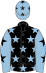 Black, light blue stars, light blue sleeves, black stars and stars on cap