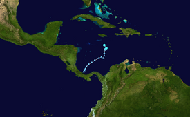 Map plotting the track and the intensity of the storm, according to the Saffir–Simpson scale