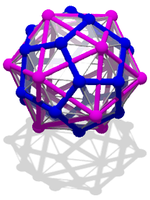 A rhombic triacontahedron with an inscribed dodecahedron (blue) and icosahedron (purple). (Click here for rotating model)