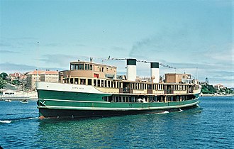 The former steam ferry Barrenjoey (built 1913), leaves Manly Wharf in 1954 following her re-build and 1951 re-commissioning as the diesel-electric MV North Head.