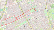 Excerpt from an OpenStreetMap map, zoomed at the Warsaw neighbourhood of Muranów, with the borders of the Warsaw concentration camp outlined. The camp occupied a long and narrow strip of land of a roughly rectangular shape, bordered by Okopowa street to the west, Gliniana, Ostrowska and Wołyńska (now Józefa Lewartowskiego) streets to the north, Zamenhofa street to the east and Gęsia (today's Mordechaja Anielewicza street) to the south.