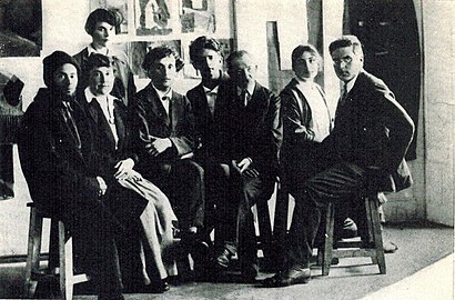 Professors at the People's Art School in Vitebsk, July 26, 1919. From left to right: Lazar Lissitzky, Vera Ermolaeva, Marc Chagall, David Yakerson [ru], Yury Pen, Nina Kogan, and Alexander Romm [ru]