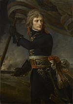 A three-quarter-length depiction of Bonaparte, with black tunic and leather gloves, holding a standard and sword, turning backwards to look at his troops