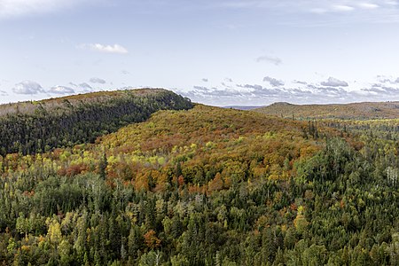 Autumn leaves on Leveaux Mountain viewed from an overlook on the Oberg Mountain Trail Head in Tofte, Minnesota