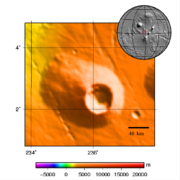 在塔尔西斯应用火星轨道器激光高度计数据集绘制的地形图和定位。