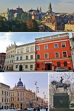 从左到右：卢布林老城区景观、老城广场建筑、冬日街景、毕苏斯基纪念碑