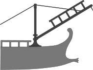 A diagram showing the location and usage of a corvus on a Roman galley.