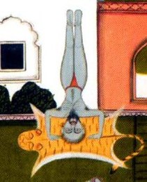 A yogi practising Kapala Asana (yoga headstand) on a tiger skin. Jogapradipika, 1830
